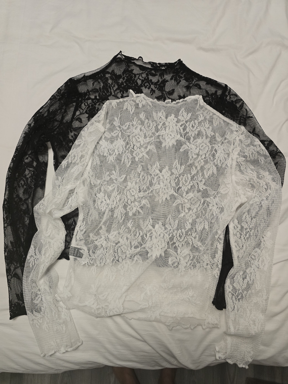 SHEIN Lace Floral Sheer Long-Sleeve Top - Black & White